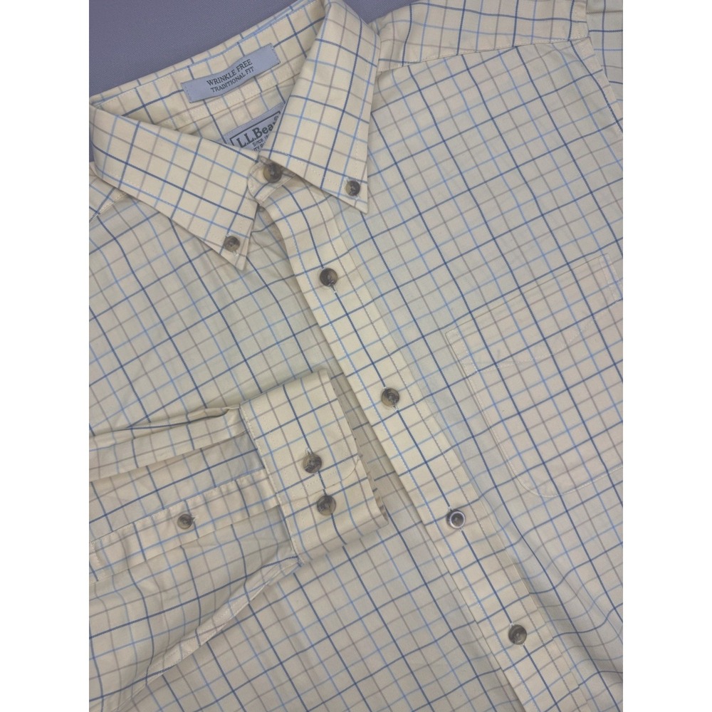 LL Bean Shirt Mens Medium Yellow Plaid Wrinkle Free Traditional Fit Cotton